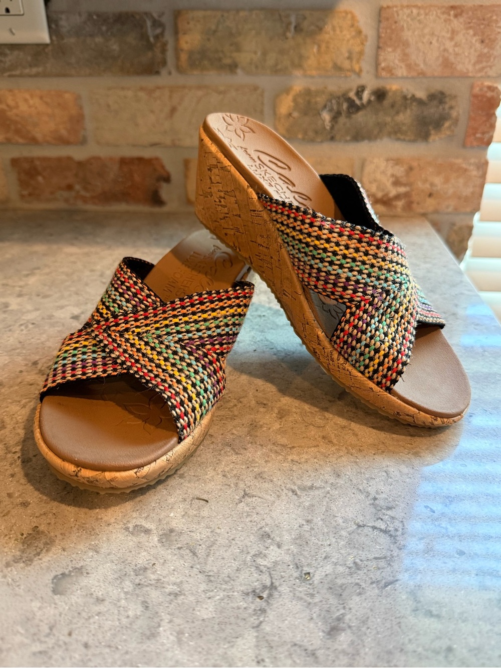 Skechers Beverlee-Delighted Multicolor Rainbow Woven Crossband Wedge Sandals